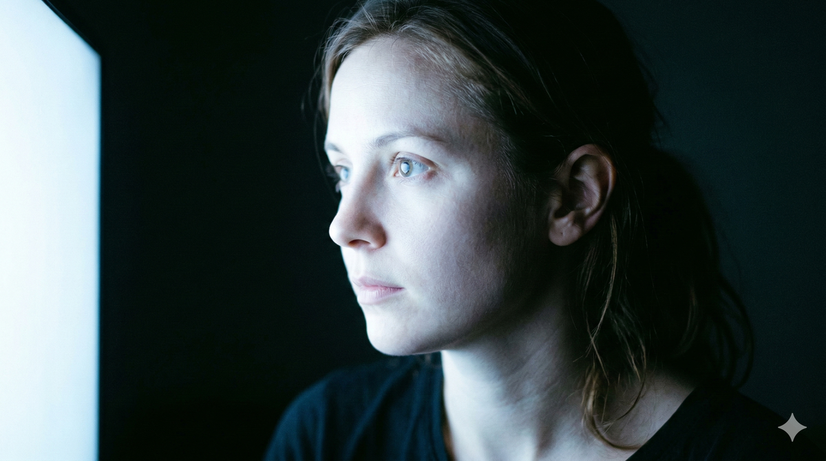A face illuminated by a single bright light source in darkness