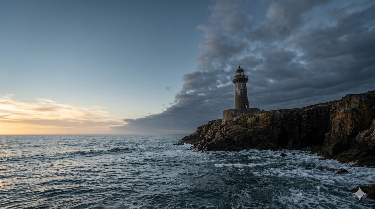 Lighthouse on a cliff with an approaching storm.