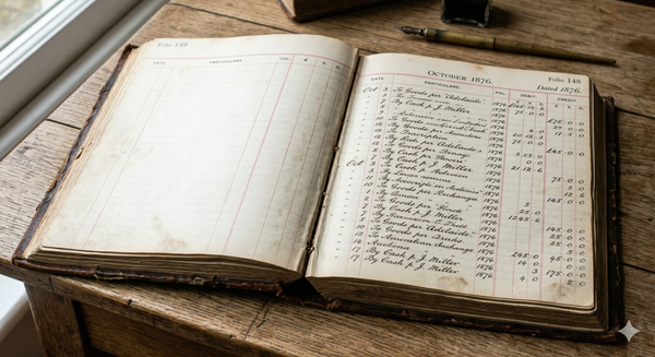 Old double entry ledger book with one page filled and another empty