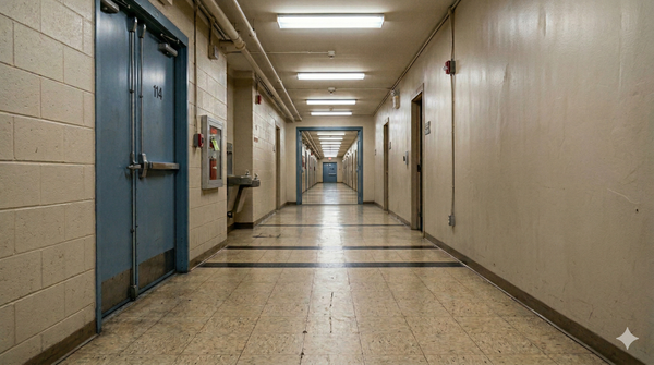 A long industrial corridor with items in the distance hard to distinguish