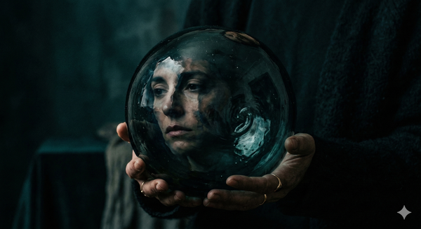 Dark toned image showing an orb held in human hands with pensive face shown within